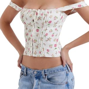 2024 Y2K Floral Print Sleeveless Camisole Top with Square Neck and Front Buttons - Slim Fit Crop Top