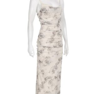 2024 Y2K Floral Print Sleeveless V-Neck Ruched Split Summer Party Dress