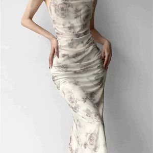 2024 Y2K Floral Print Sleeveless V-Neck Ruched Split Summer Party Dress