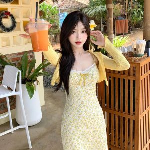 2024 Y2K Floral Strap Dress & Long Sleeve Cardigan Two-Piece Set - Trendy Summer Outfit