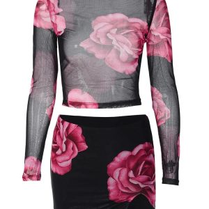 2024 Y2K Flower Print Matching Set: Sheer Long Sleeve Top & Mini Skirt Bodycon Outfit