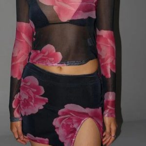 2024 Y2K Flower Print Matching Set: Sheer Long Sleeve Top & Mini Skirt Bodycon Outfit