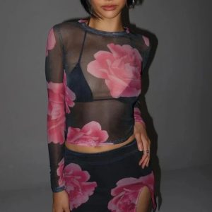 2024 Y2K Flower Print Matching Set: Sheer Long Sleeve Top & Mini Skirt Bodycon Outfit