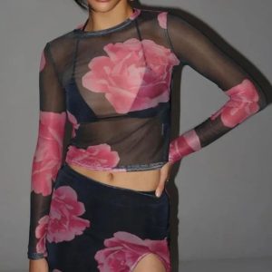 2024 Y2K Flower Print Matching Set: Sheer Long Sleeve Top & Mini Skirt Bodycon Outfit