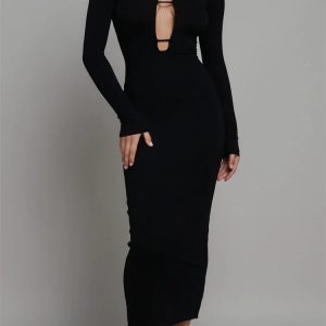 2024 Y2K Hollow Out Backless Clubwear for Women - Slim Fit Solid Color Dress