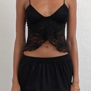 2024 Y2K Lace Camisole Spaghetti Strap Irregular Hem V-neck Mesh Summer Crop Top