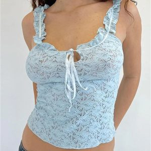 2024 Y2K Lace Floral See-Through Camisole with Ruffle Straps and Tie-Up Neckline Crop Top