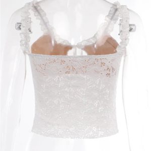 2024 Y2K Lace Floral See-Through Camisole with Ruffle Straps and Tie-Up Neckline Crop Top