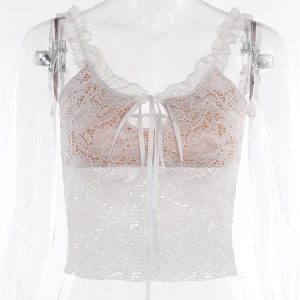 2024 Y2K Lace Floral See-Through Camisole with Ruffle Straps and Tie-Up Neckline Crop Top