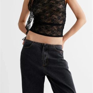 2024 Y2K Lace Floral Sheer Tank Top for Women - Sexy Black Mesh Sleeveless Crop Vest