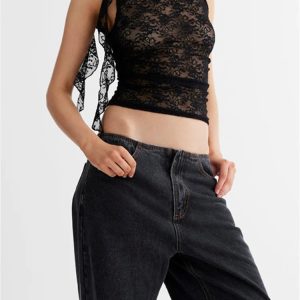 2024 Y2K Lace Floral Sheer Tank Top for Women - Sexy Black Mesh Sleeveless Crop Vest