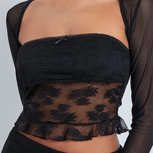 2024 Y2K Lace Floral Tube Tank with Sheer Shrug - Trendy Party Clubwear Crop Top