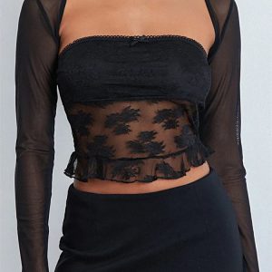 2024 Y2K Lace Floral Tube Tank with Sheer Shrug - Trendy Party Clubwear Crop Top