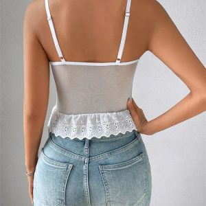 2024 Y2K Lace Flowers Camisole - Low-Cut Hollow Out Tie-Up Irregular Hem Slim Fit Crop Top