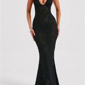 2024 Y2K Lace Mesh Off-Shoulder V-Neck Halter Top - Sexy Black Beach Dress