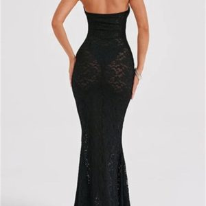 2024 Y2K Lace Mesh Off-Shoulder V-Neck Halter Top - Sexy Black Beach Dress