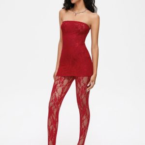 2024 Y2K Lace Mesh Tube Dress & Tights Two-Piece Set for Coquette Aesthetic Style