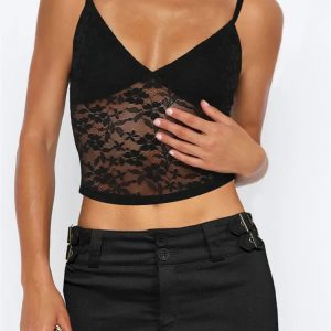 2024 Y2K Lace Mesh V Neck Camisole Tank Top - Slim Fit Summer Crop for Streetwear Style