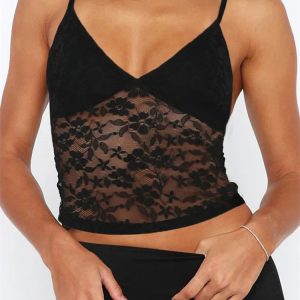 2024 Y2K Lace Mesh V Neck Camisole Tank Top - Slim Fit Summer Crop for Streetwear Style