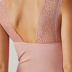 2024 Y2K Lace Patchwork See-Through Deep V-Neck Slim Crop Top for Trendy Summer Outfits