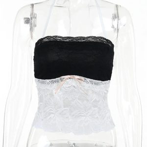 2024 Y2K Lace Patchwork Tank Top - Tie-Up Halter Off Shoulder Backless Mini Vest Crop Top