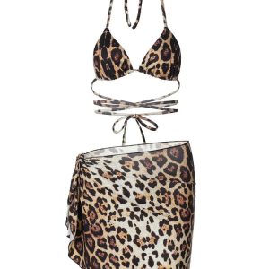 2024 Y2K Leopard Print Halter Lace-Up Bra and Skirt Set - Sexy Matching Beach Party Outfit