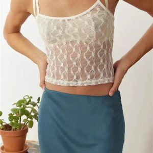 2024 Y2K Mesh Sheer Camisole with Lace Embroidery - Stylish See-Through Square Neck Crop Top