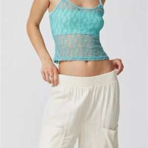 2024 Y2K Mesh Sheer Camisole with Lace Embroidery - Stylish See-Through Square Neck Crop Top