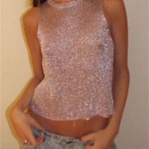 2024 Y2K Mesh Sheer Glitter Sleeveless Crop Top Vest - Aesthetic Streetwear Cover Up