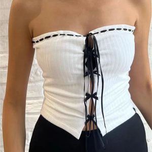 2024 Y2K Off-Shoulder Criss-Cross Lace-Up Mini Vest Crop Top for Trendy Streetwear Style