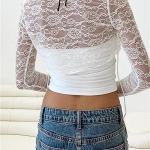 2024 Y2K Off Shoulder Lace Shrug Mesh Crop Top - Trendy See-Through T-Shirt for Aesthetic Outfits