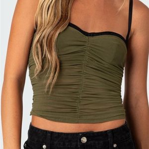 2024 Y2K Patchwork Mesh Camisole with Ruched Spaghetti Straps - Trendy Summer Crop Top