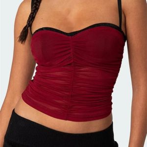 2024 Y2K Patchwork Mesh Camisole with Ruched Spaghetti Straps - Trendy Summer Crop Top