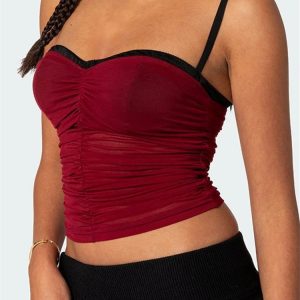 2024 Y2K Patchwork Mesh Camisole with Ruched Spaghetti Straps - Trendy Summer Crop Top