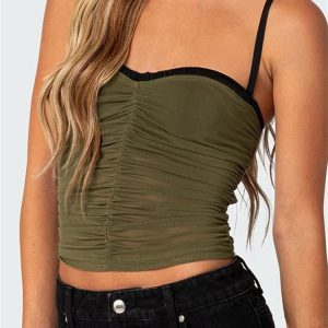 2024 Y2K Patchwork Mesh Camisole with Ruched Spaghetti Straps - Trendy Summer Crop Top