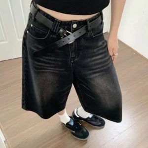 2024 Y2K Retro Women’s Low Rise Frayed Denim Jorts - Cropped Baggy Wide Leg Shorts