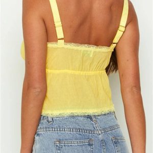 2024 Y2K Ruffled Lace Trim Casual Sleeveless Tie-Up Crop Top for Streetwear & Clubwear