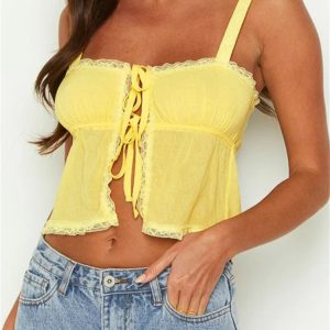 2024 Y2K Ruffled Lace Trim Casual Sleeveless Tie-Up Crop Top for Streetwear & Clubwear