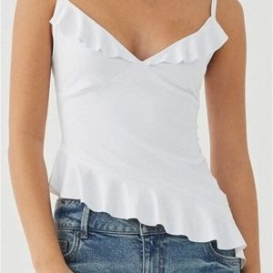 2024 Y2K Ruffles V-Neck Backless Sleeveless Crop Top for Trendy Streetwear Outfits