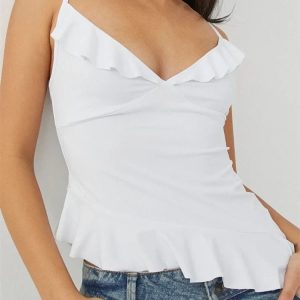 2024 Y2K Ruffles V-Neck Backless Sleeveless Crop Top for Trendy Streetwear Outfits