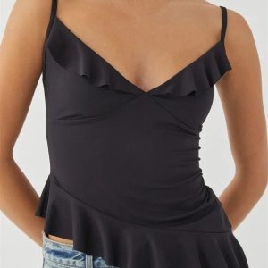 2024 Y2K Ruffles V-Neck Backless Sleeveless Crop Top for Trendy Streetwear Outfits