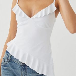 2024 Y2K Ruffles V-Neck Backless Sleeveless Crop Top for Trendy Streetwear Outfits