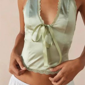 2024 Y2K Satin Halter Lace Trim Bowknot V-Neck Backless Party Crop Top for Aesthetic Outfits