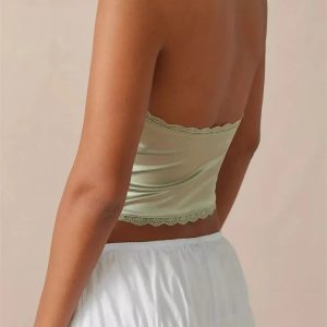 2024 Y2K Satin Halter Lace Trim Bowknot V-Neck Backless Party Crop Top for Aesthetic Outfits