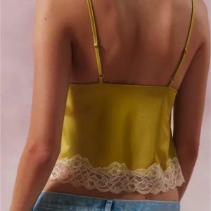 2024 Y2K Slim Camisole Spaghetti Strap V-Neck Lace Patchwork Asymmetric Mini Crop Top