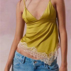 2024 Y2K Slim Camisole Spaghetti Strap V-Neck Lace Patchwork Asymmetric Mini Crop Top