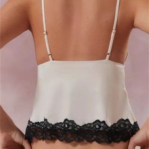 2024 Y2K Slim Camisole Spaghetti Strap V-Neck Lace Patchwork Asymmetric Mini Crop Top