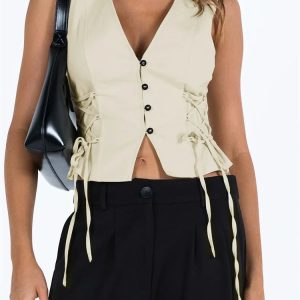 2024 Y2K Slim Tank Top with Front Buttons and Criss-Cross Tie-Up Waistcoat Crop Top