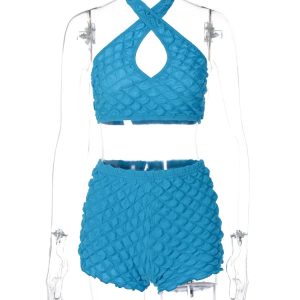 2024 Y2K Streetwear Solid Matching Suit: Halter Hollow Out Top & Mini Shorts for Parties