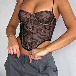 2024 Y2K Striped Lace Corset Tank Top - Sexy V-Neck Sleeveless Mesh Bustier Crop Top